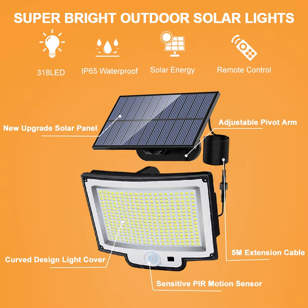 Solar Flood Lights Outdoor 106/318 LED Solar Motion Lights Remote Solar Security Lights Wall Lights Waterproof 3 Modes Garden
